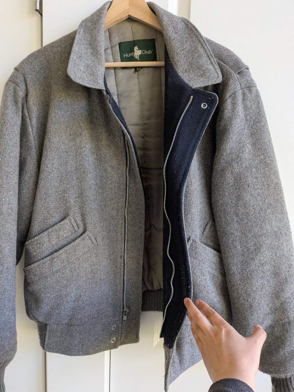 Vintage Hunt Club Wool Jacket Men M Gray Collared Bomber Jacket Made in USA